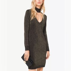 NWT Michael Kors Black & Gold Metallic Midi Dress with Choker Neckline Small ✨️